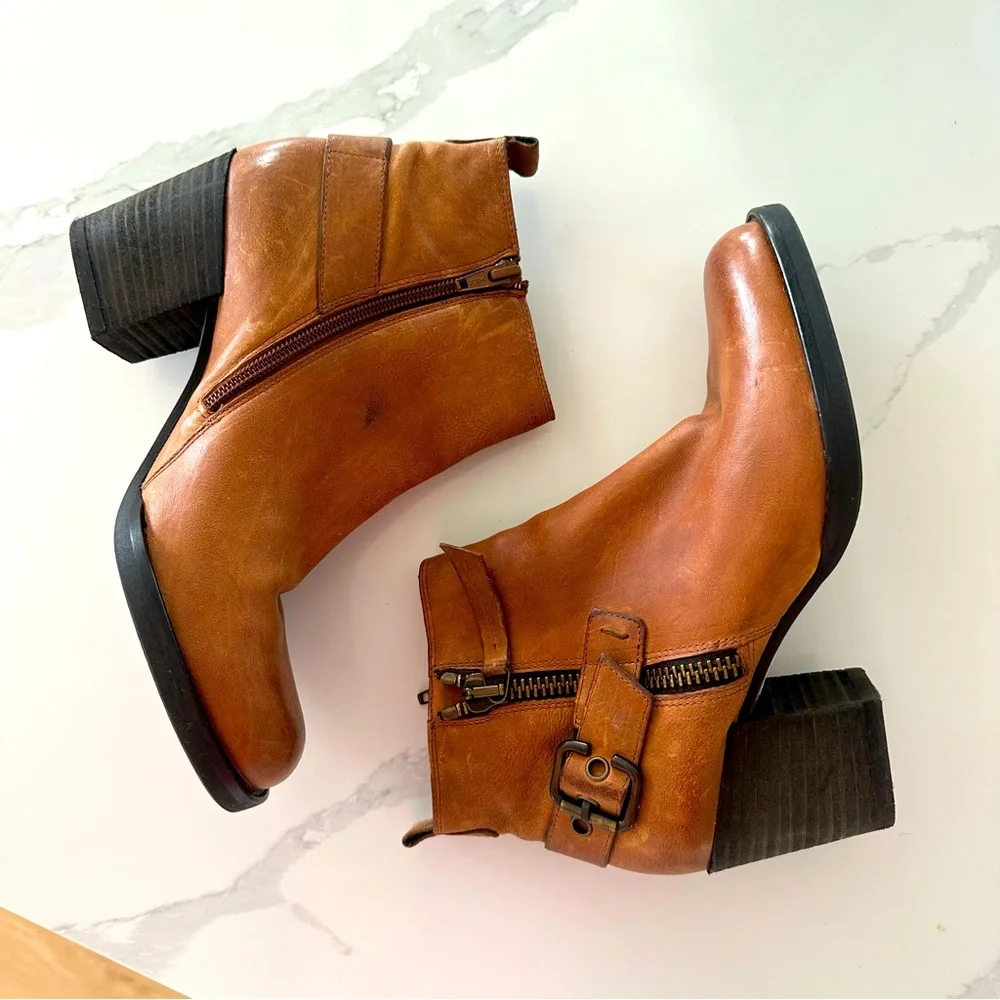 Paul Green München Tan Leather Ankle Booties with Buckle Accent
